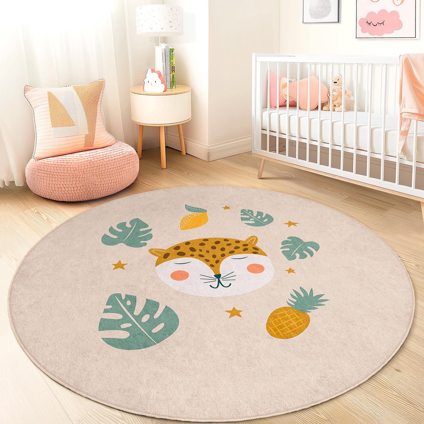 Cute Jungle Animal Round Kids Rug, Leopard Face Nursery Carpet, Fun Playroom Decor, Soft Play Mat for Child's Room