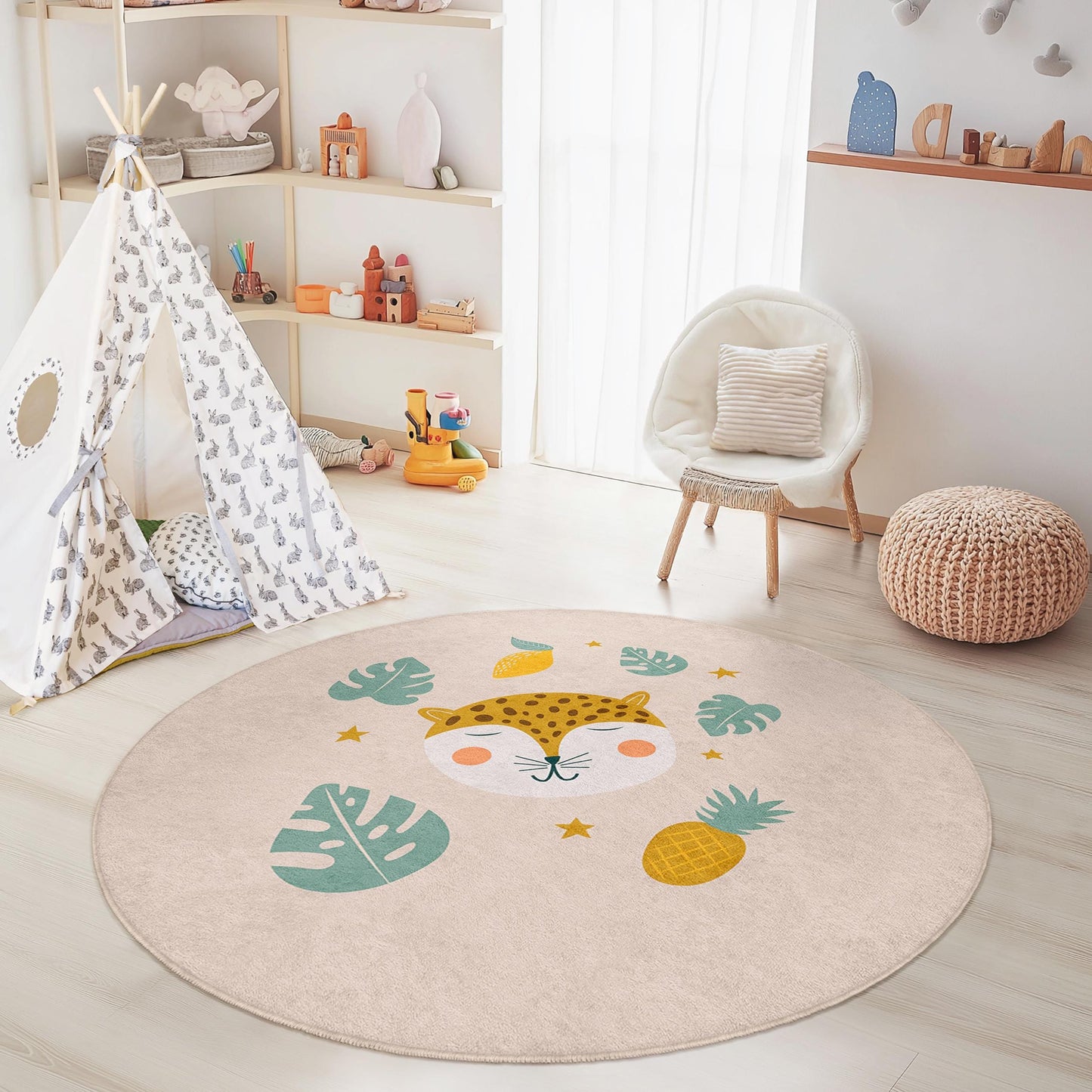 Cute Jungle Animal Round Kids Rug, Leopard Face Nursery Carpet, Fun Playroom Decor, Soft Play Mat for Child's Room