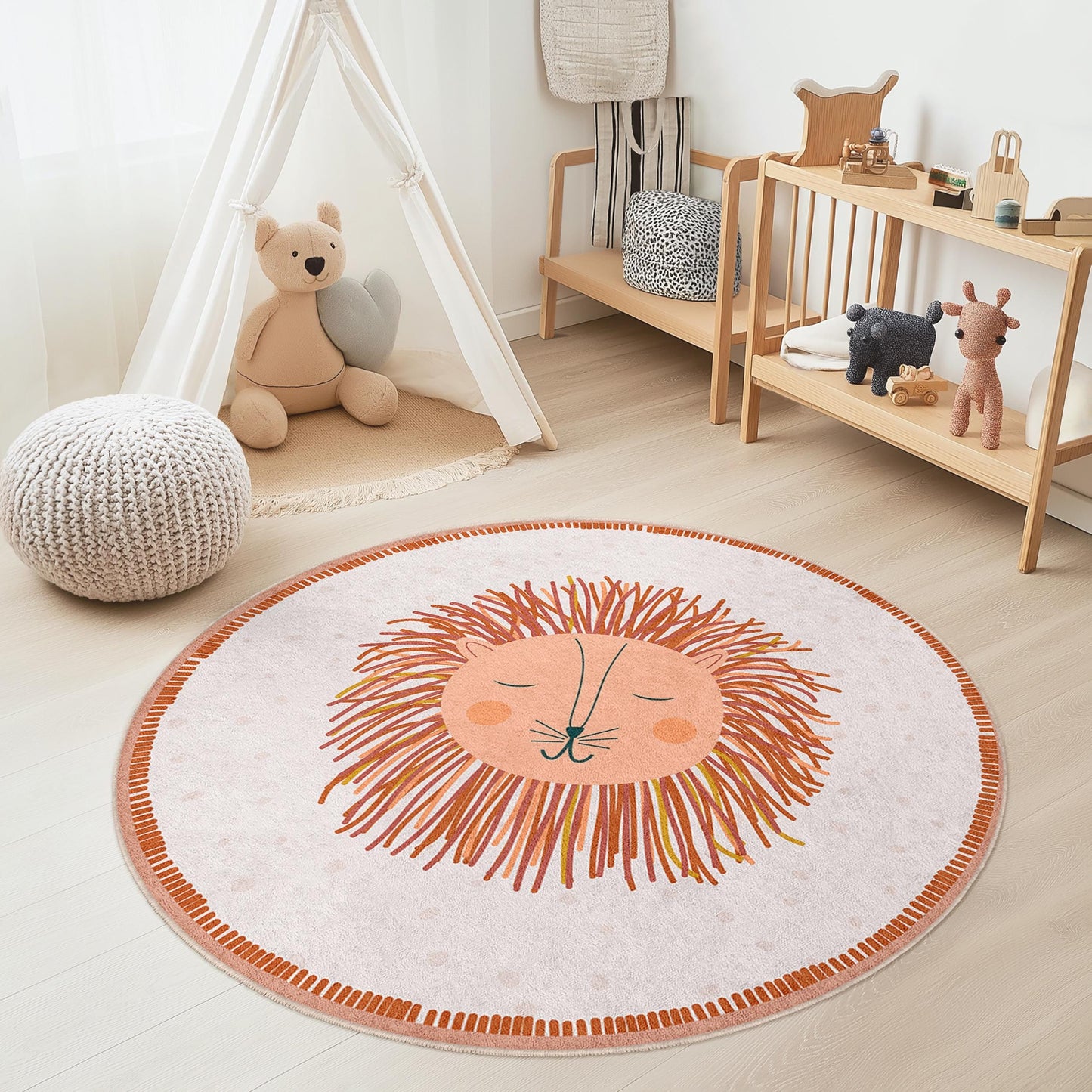 Cute Lion Round Area Rug for Kids, Soft Playroom Carpet, Adorable Nursery Decor, Round Animal Rug, Child's Room Accessories