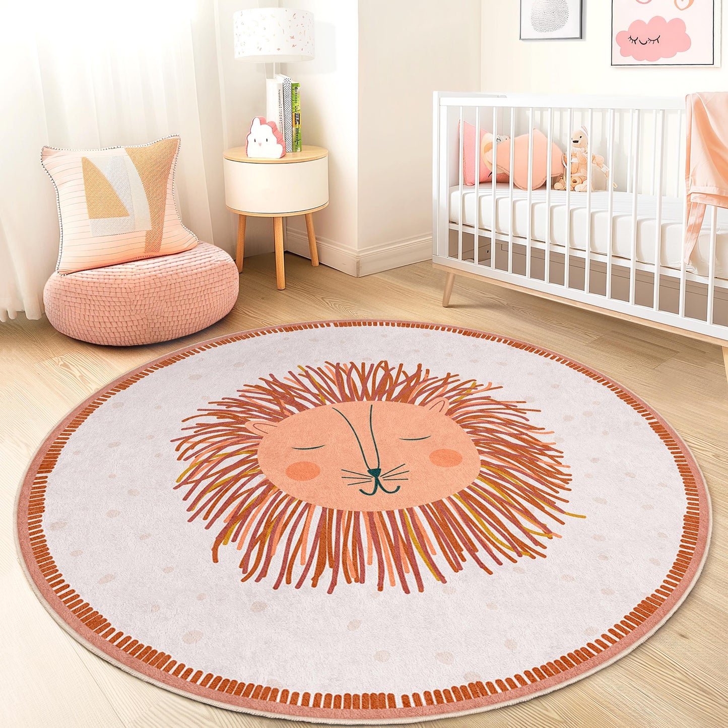 Cute Lion Round Area Rug for Kids, Soft Playroom Carpet, Adorable Nursery Decor, Round Animal Rug, Child's Room Accessories