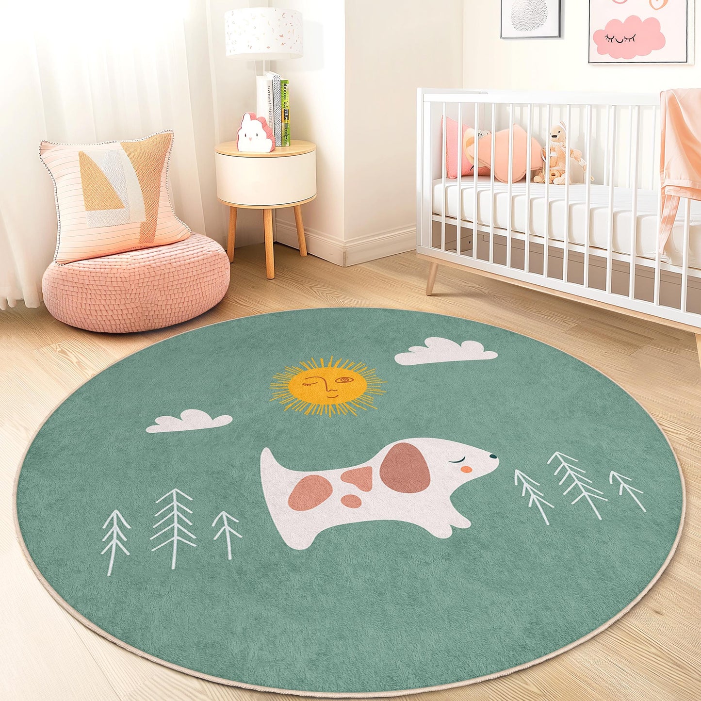Cute Dog Round Kids Rug, Dog Design Play Mat, Nursery Decor, Kids Room Carpet, Soft Pet Rug, Playroom Accessories