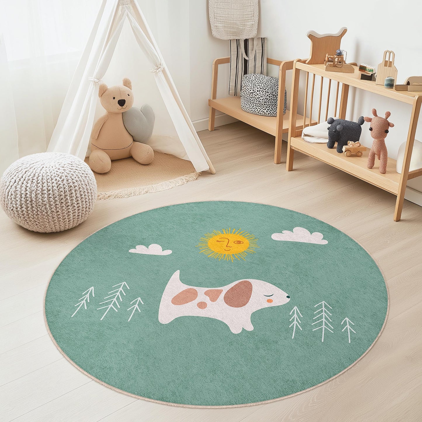 Cute Dog Round Kids Rug, Dog Design Play Mat, Nursery Decor, Kids Room Carpet, Soft Pet Rug, Playroom Accessories