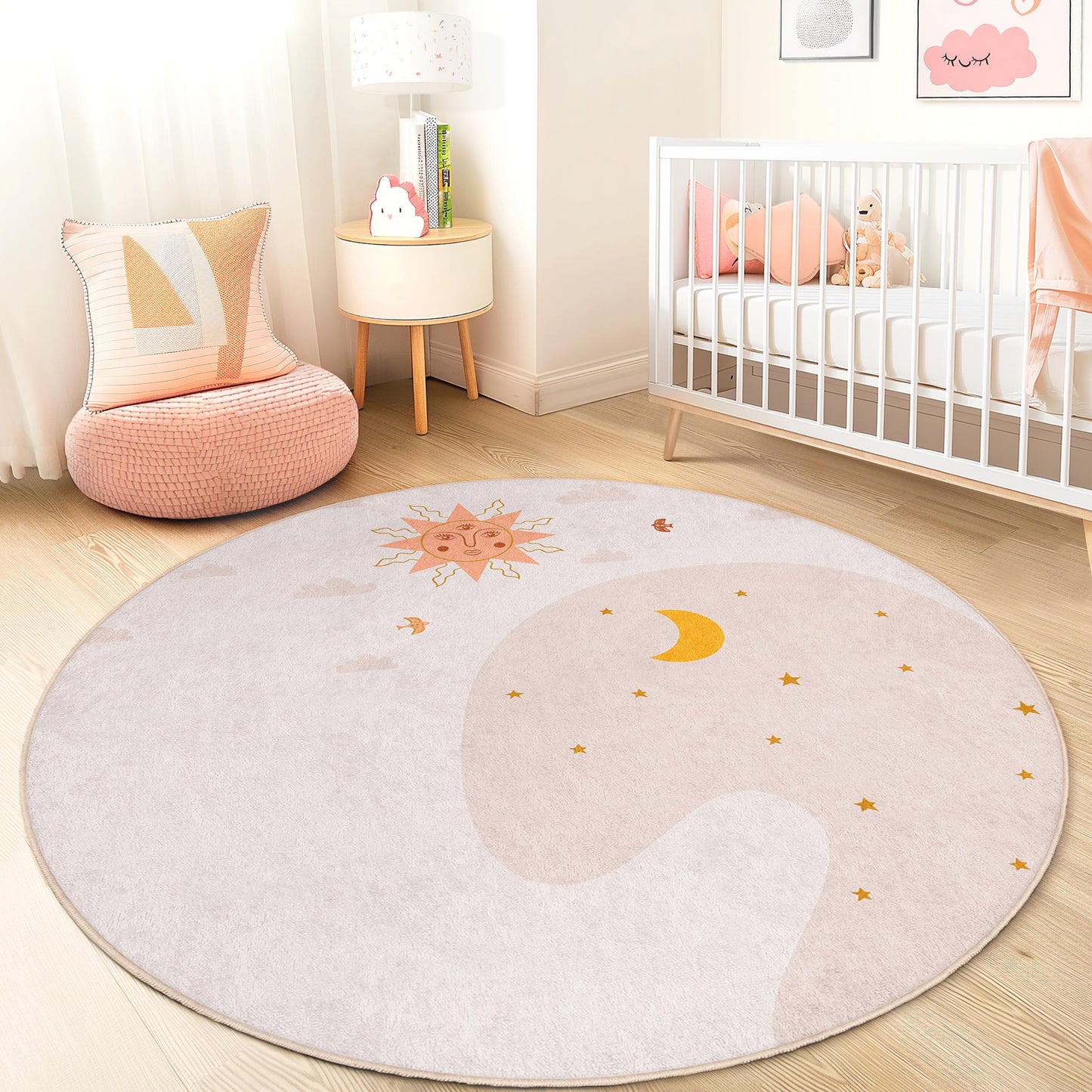 Sun and Moon Round Kids Rug, Celestial Kids Room Decor, Soft Play Mat, Nursery Area Rug, Playroom Carpet, Children's Rug