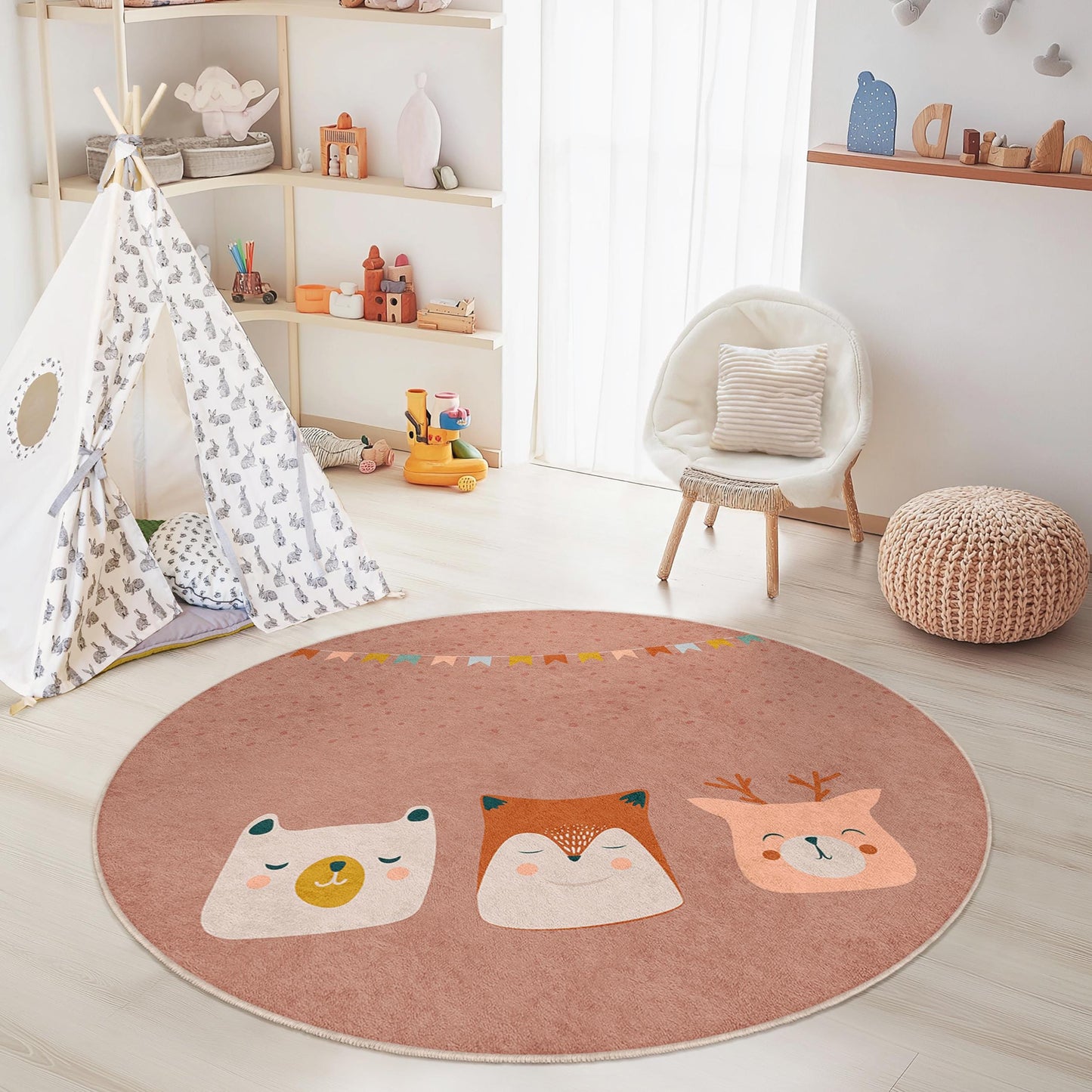 Cute Animal Faces Round Kids Rug, Playful Nursery Decor, Soft Round Carpet for Kids Room, Animal Friends Rug, Childrens Play Mat