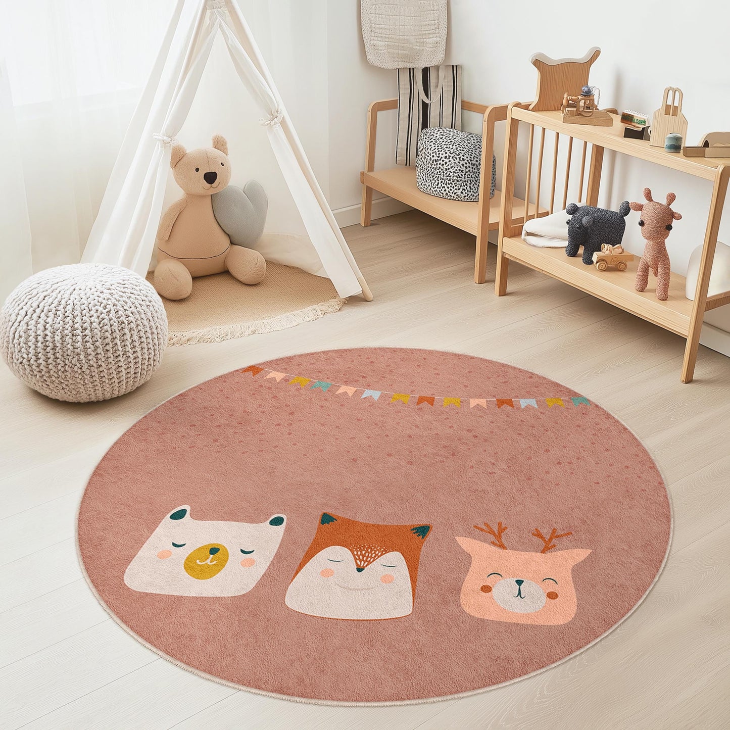 Cute Animal Faces Round Kids Rug, Playful Nursery Decor, Soft Round Carpet for Kids Room, Animal Friends Rug, Childrens Play Mat