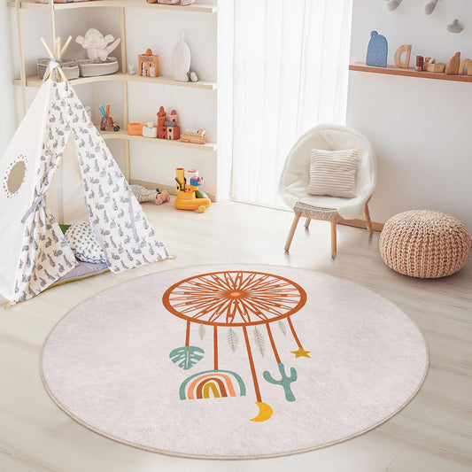 Dream Catcher Round Kids Rug, Bohemian Nursery Rug, Round Playroom Carpet, Colorful Kids Room Decor, Dreamy Play Mat for Children