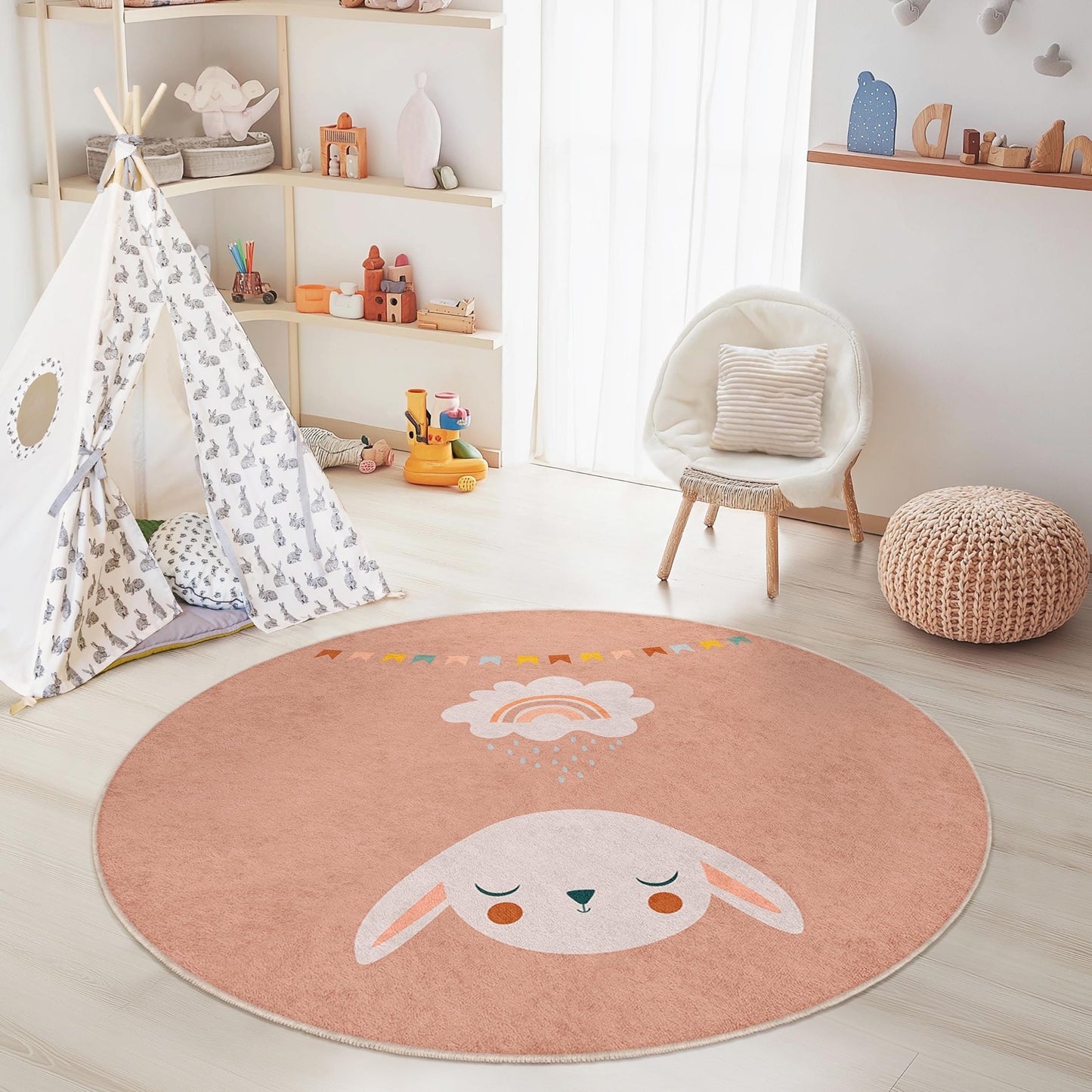 Cute Bunny Rainbow Round Kids Rug, Adorable Kids Play Mat, Soft Nursery Decor, Baby Room Carpet, Playroom Rug, Round Play Mat