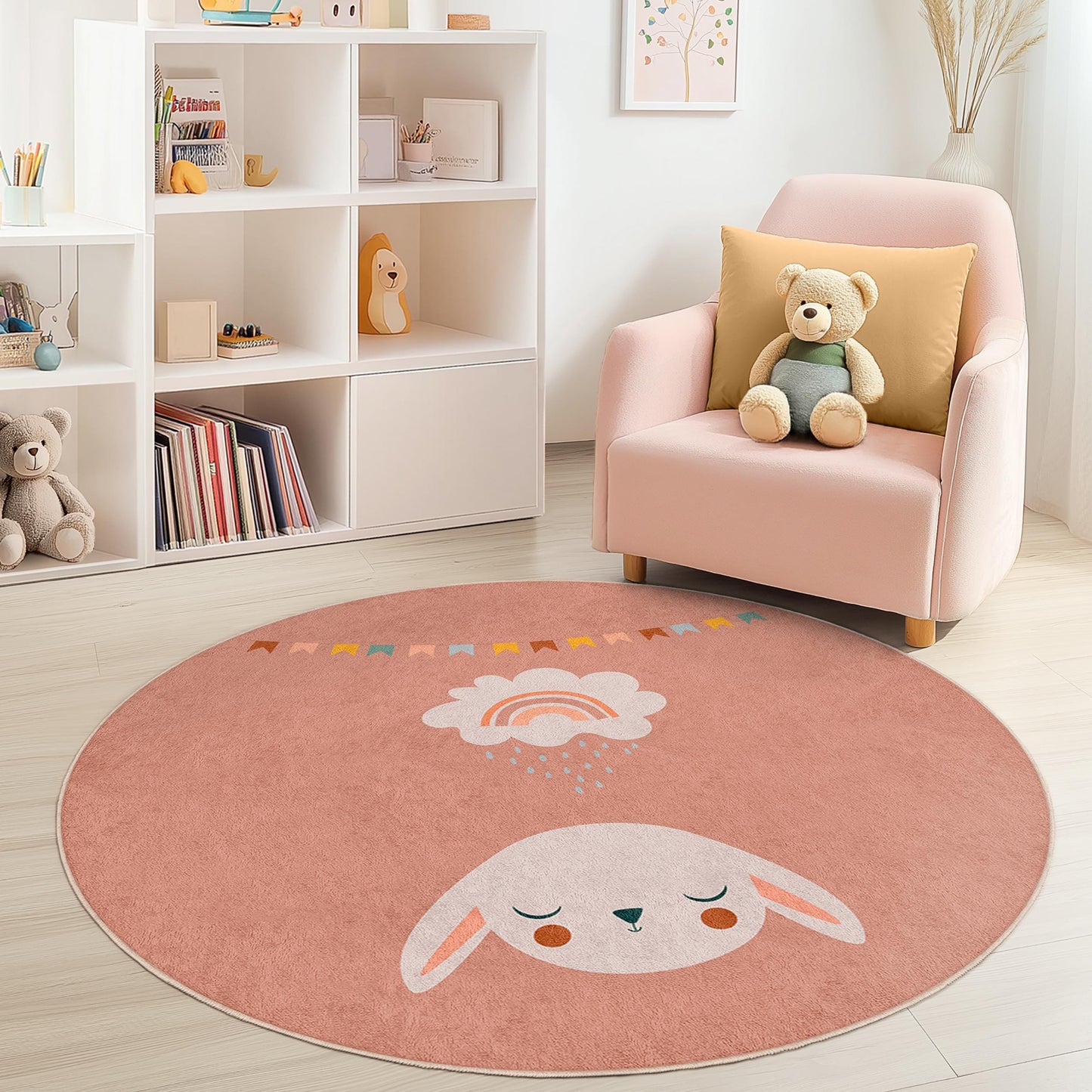 Cute Bunny Rainbow Round Kids Rug, Adorable Kids Play Mat, Soft Nursery Decor, Baby Room Carpet, Playroom Rug, Round Play Mat