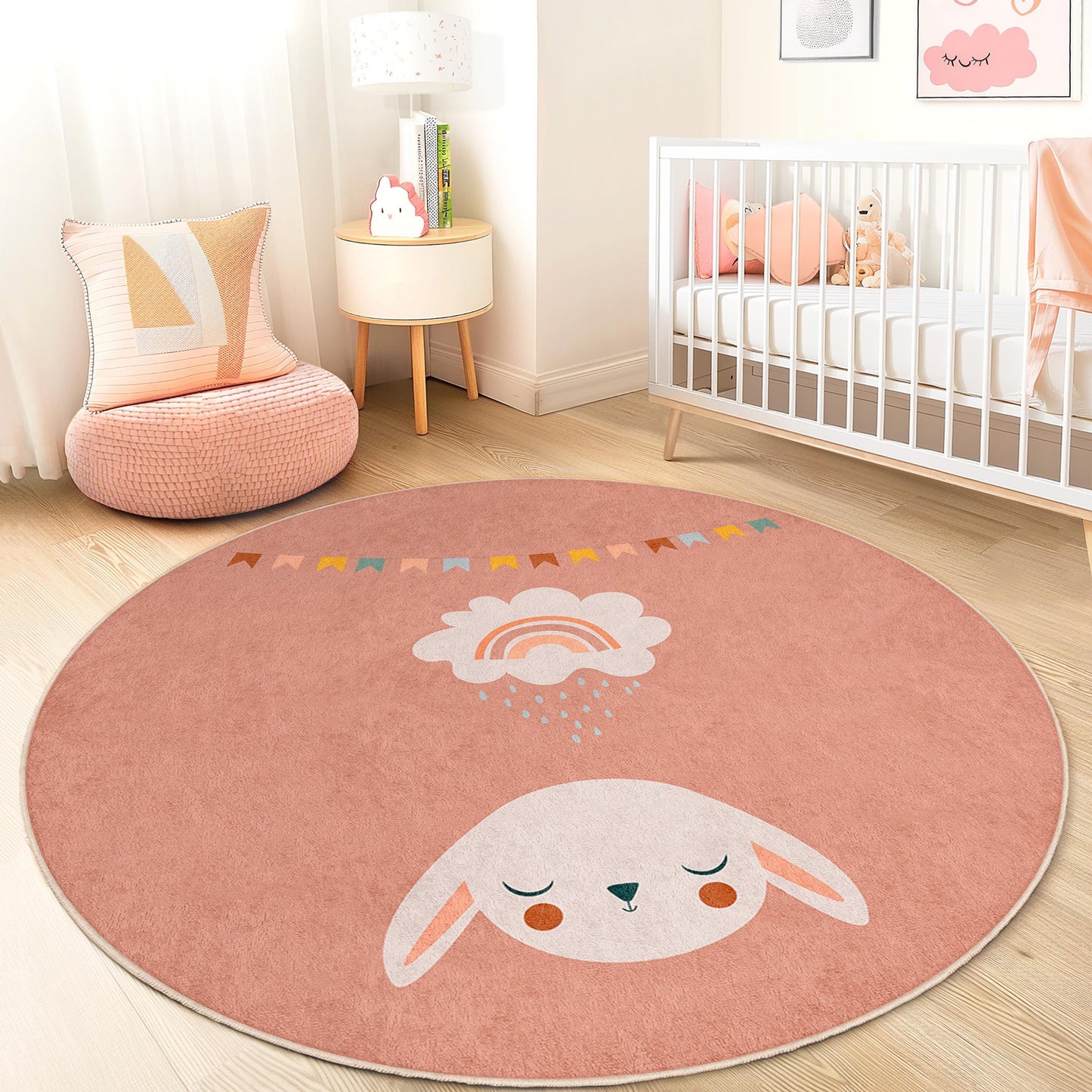 Cute Bunny Rainbow Round Kids Rug, Adorable Kids Play Mat, Soft Nursery Decor, Baby Room Carpet, Playroom Rug, Round Play Mat