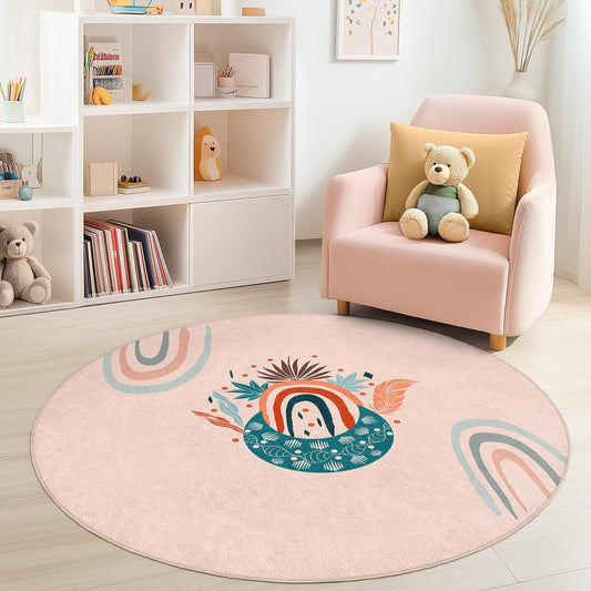 Bohemian Floral Round Area Rug, Colorful Round Carpet for Kids Room, Playroom Decor, Nursery Rug, Soft Round Mat