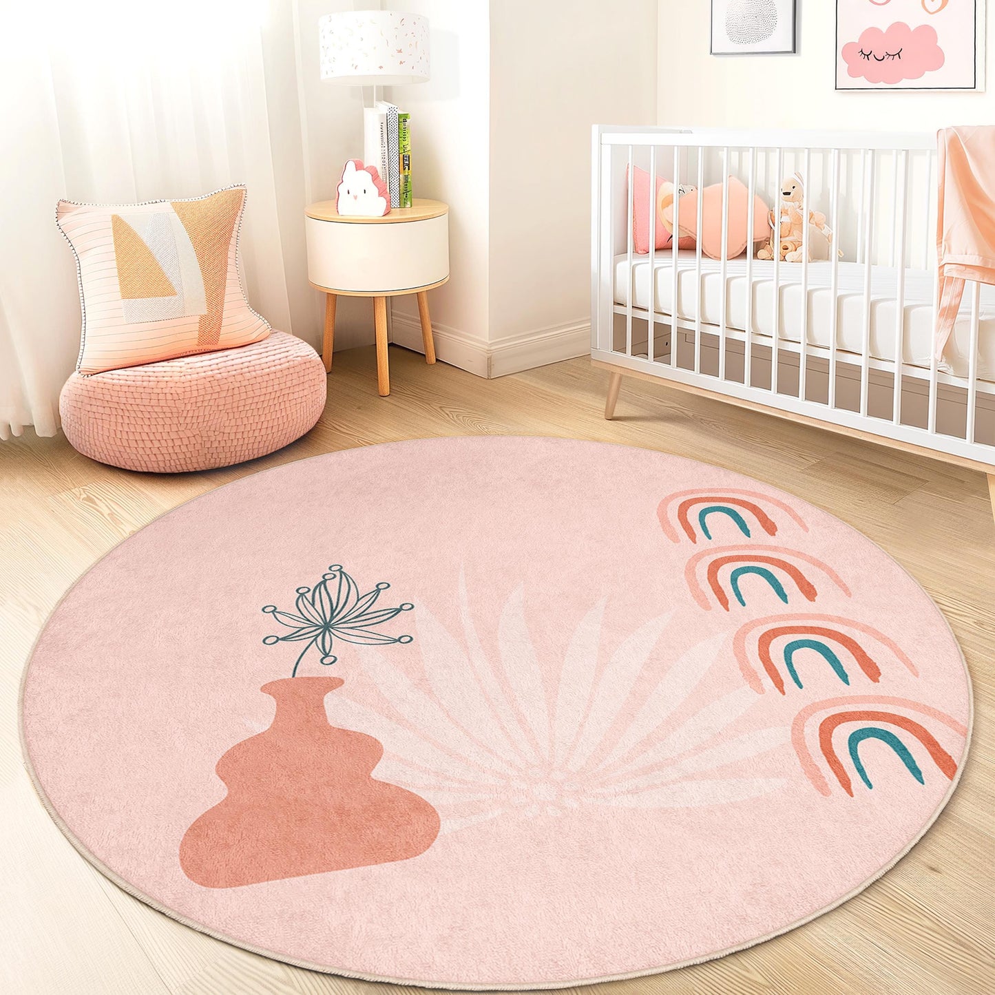 Rainbow Decor Round Kids Room Rug, Boho Rainbow Area Rug, Playful Round Carpet for Nursery, Kids Playroom Decor