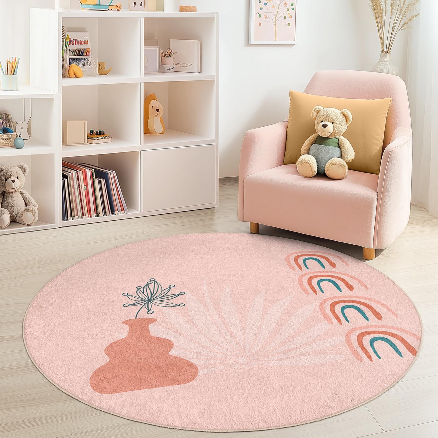 Rainbow Decor Round Kids Room Rug, Boho Rainbow Area Rug, Playful Round Carpet for Nursery, Kids Playroom Decor