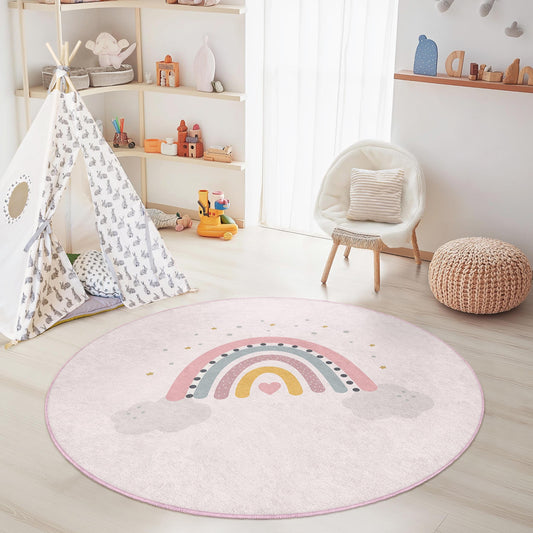 Rainbow Design Round Kids Play Rug, Soft Nursery Carpet, Colorful Round Rug for Child's Room, Playroom Decor, Baby Shower Gift