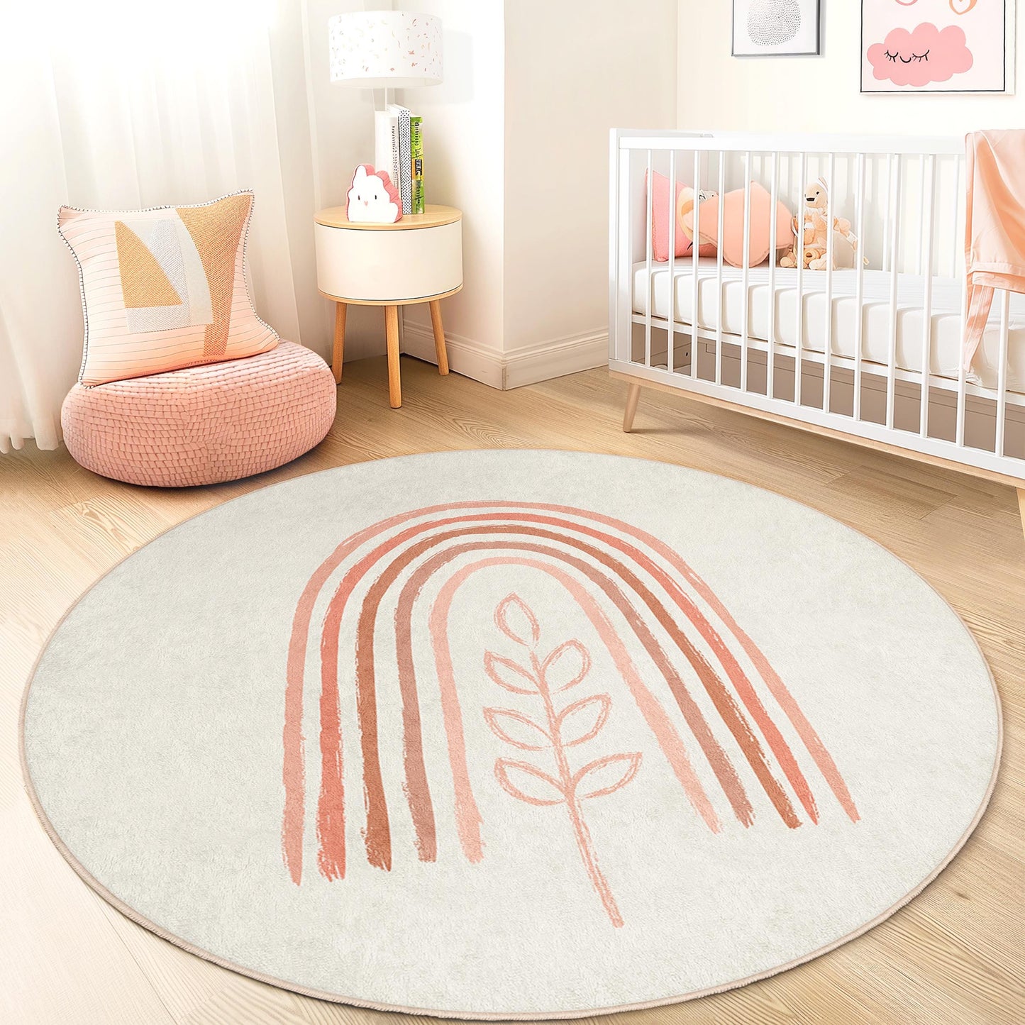 Rainbow and Leaf Pattern Round Kids Rug, Boho Nursery Rug, Soft Play Mat for Child's Room, Round Carpet for Playroom Decor