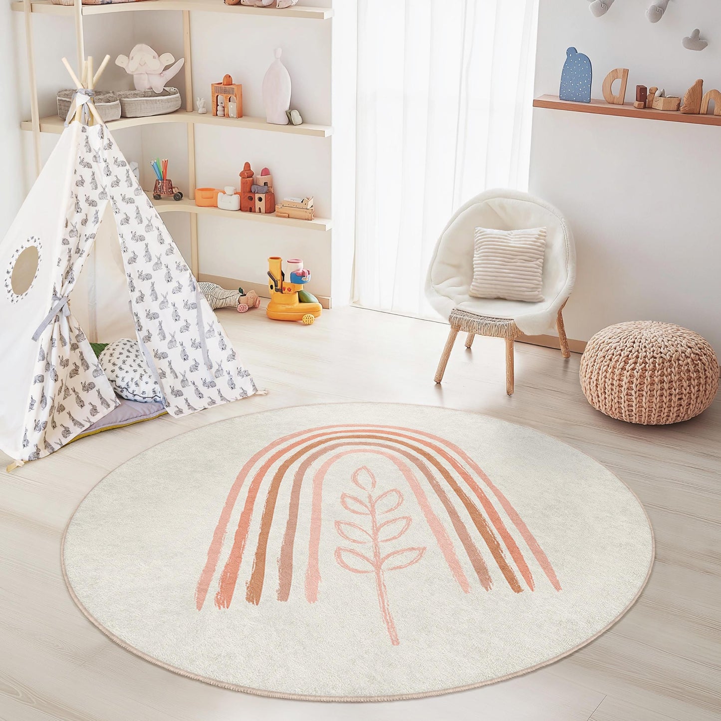 Rainbow and Leaf Pattern Round Kids Rug, Boho Nursery Rug, Soft Play Mat for Child's Room, Round Carpet for Playroom Decor