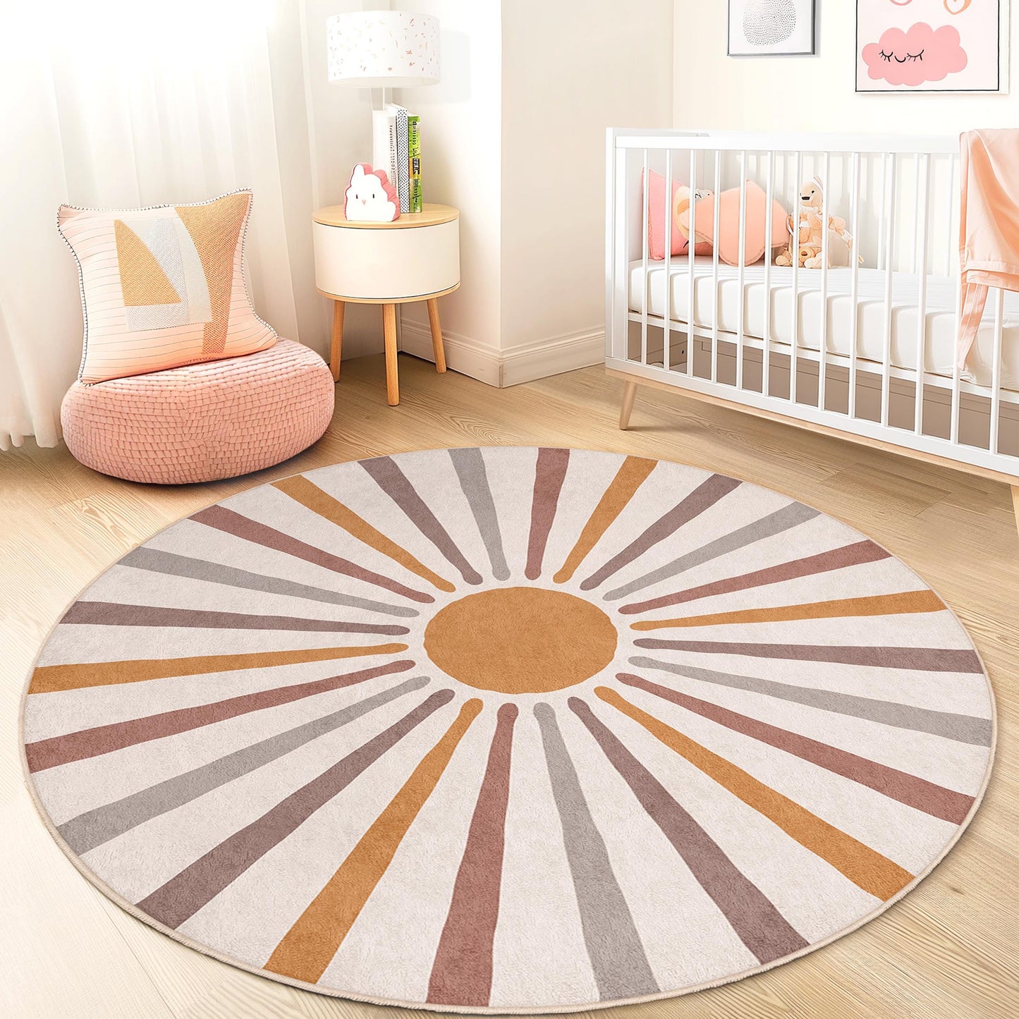 Sunburst Round Area Rug for Kids Room, Warm Tones Round Carpet, Soft Play Mat, Nursery Decor, Kids Bedroom Rug, Playroom Accessory