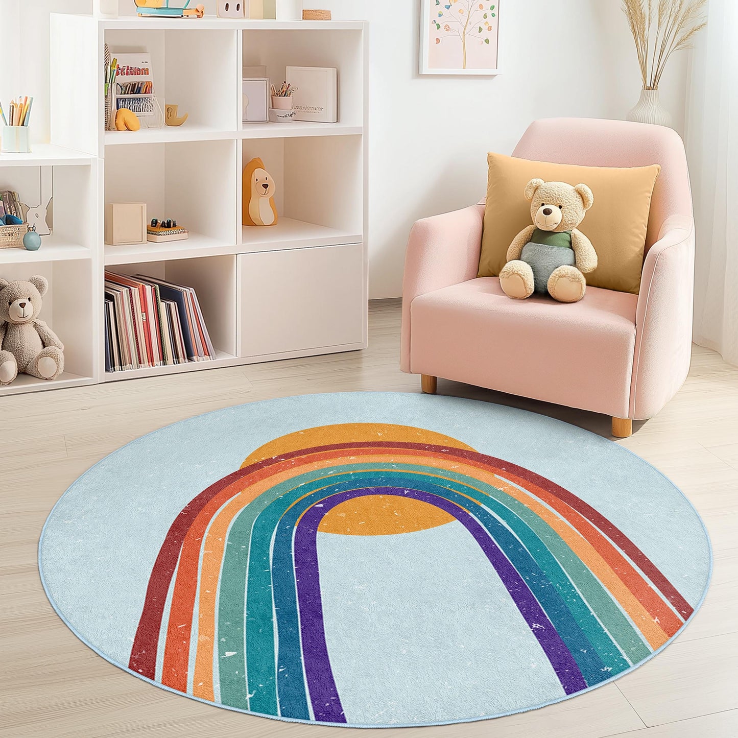 Colorful Rainbow Round Kids Rug, Vibrant Nursery Decor, Round Playroom Rug, Soft Children's Carpet, Baby Room Mat