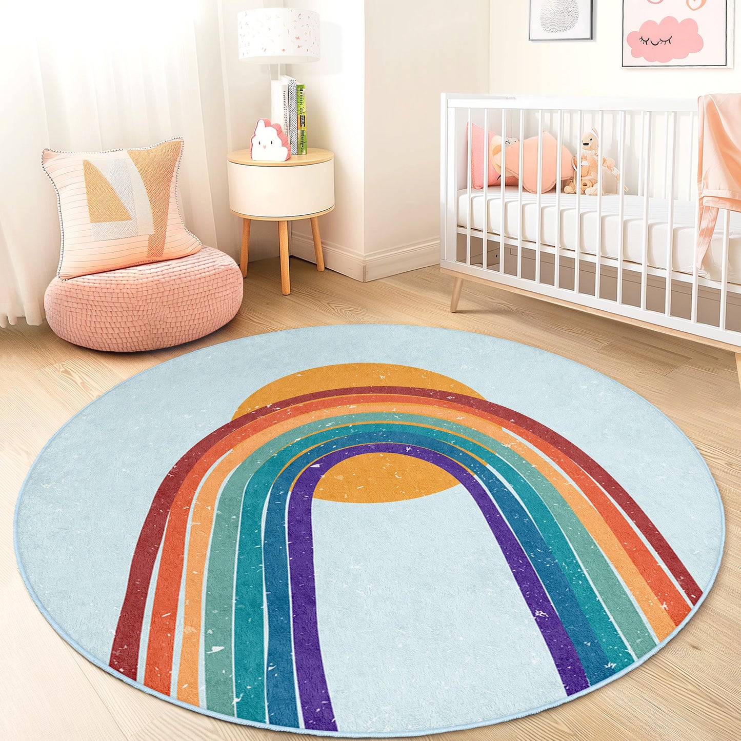 Colorful Rainbow Round Kids Rug, Vibrant Nursery Decor, Round Playroom Rug, Soft Children's Carpet, Baby Room Mat
