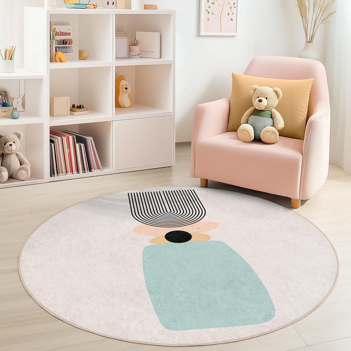 Modern Abstract Round Area Rug, Geometric Pattern Carpet, Stylish Round Rug for Kids Room, Playroom Decor, Soft Circular Rug