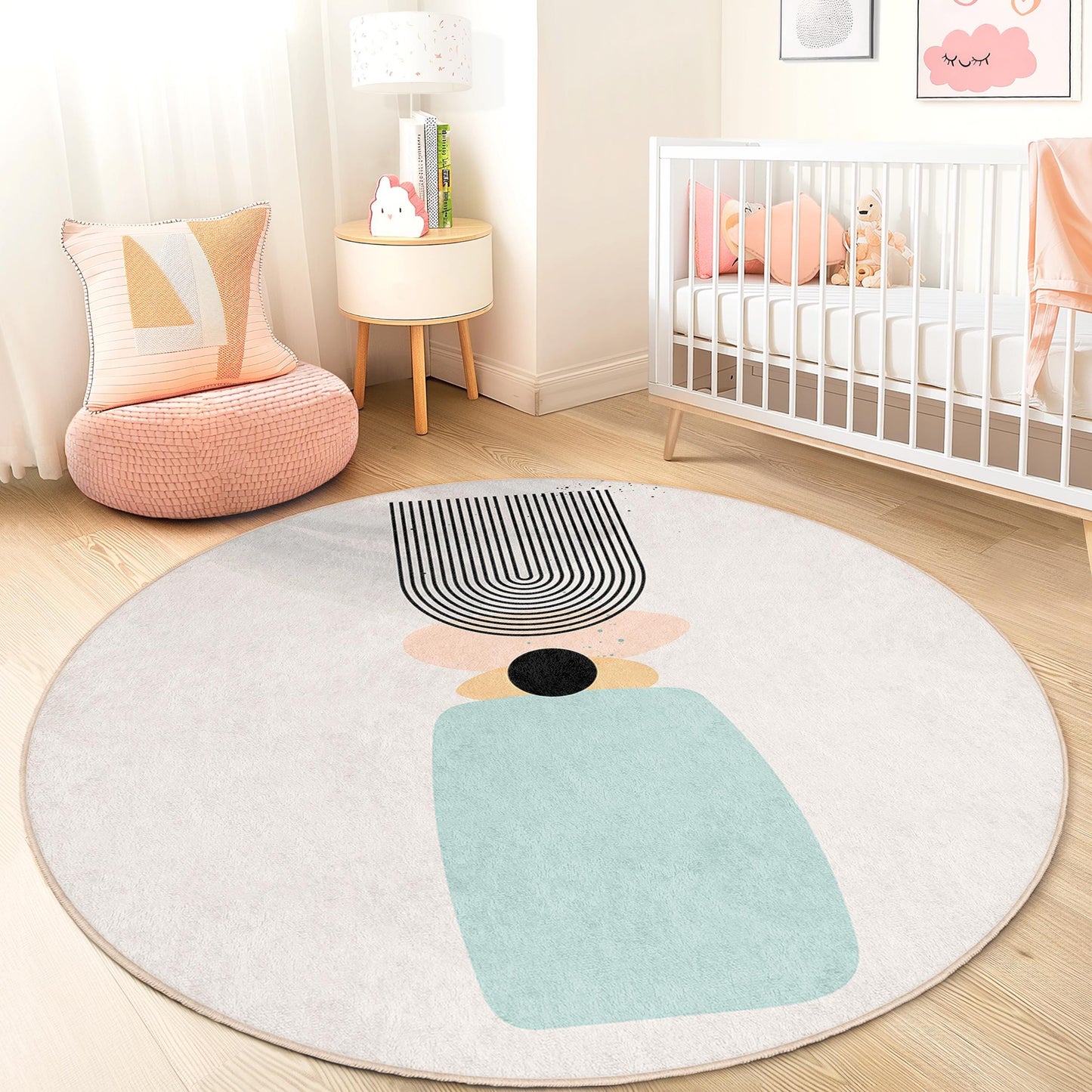 Modern Abstract Round Area Rug, Geometric Pattern Carpet, Stylish Round Rug for Kids Room, Playroom Decor, Soft Circular Rug
