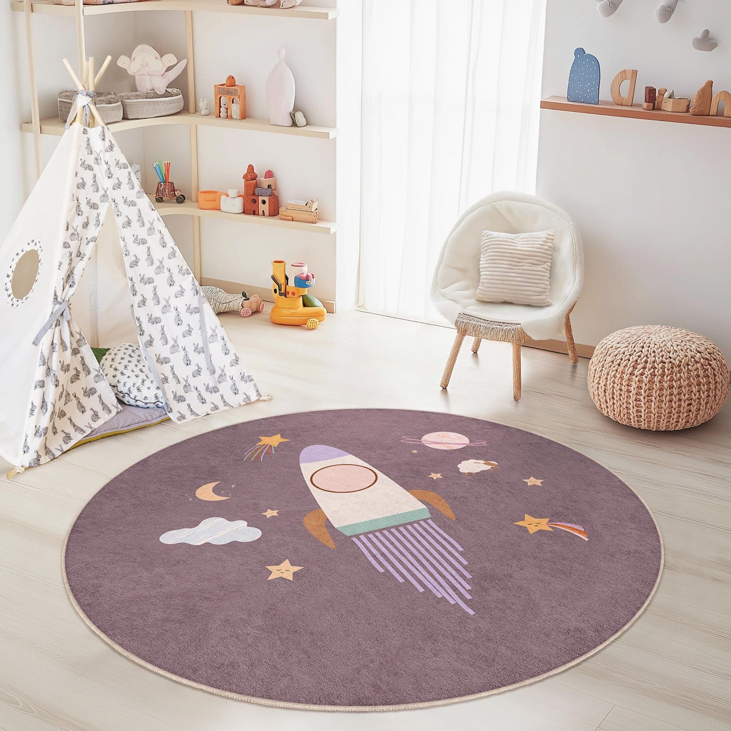 Rocket Space Themed Round Kids Rug, Outer Space Play Mat, Nursery Decor, Playroom Carpet, Soft Round Rug for Children