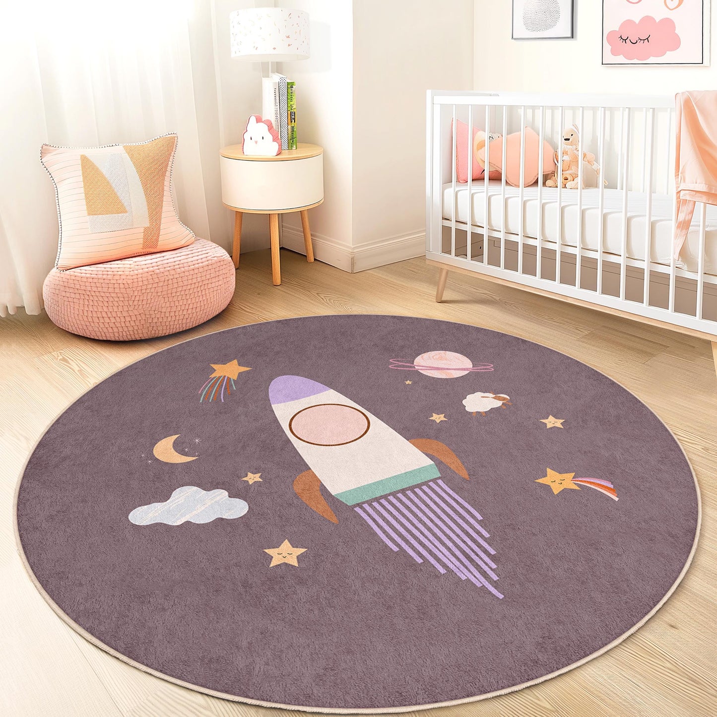 Rocket Space Themed Round Kids Rug, Outer Space Play Mat, Nursery Decor, Playroom Carpet, Soft Round Rug for Children