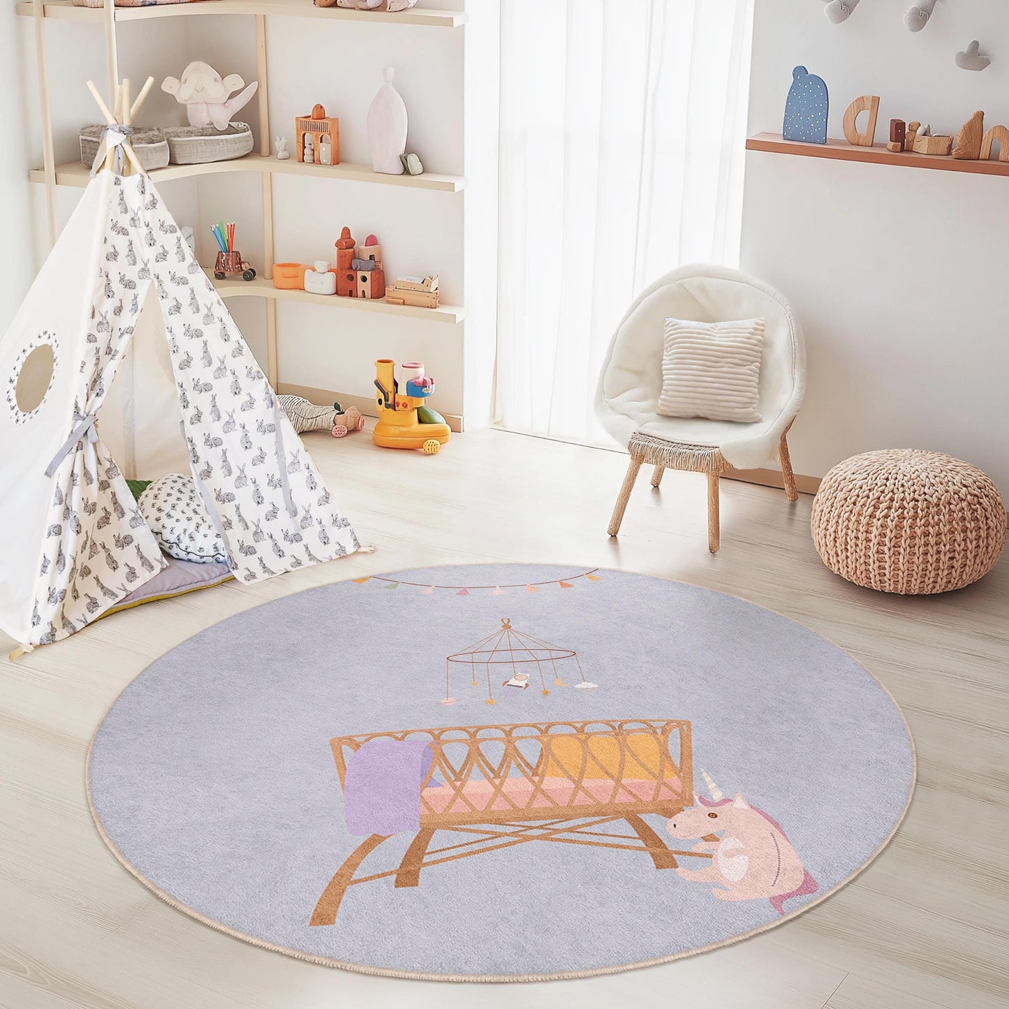 Whimsical Unicorn Round Kids Play Rug, Cute Nursery Carpet, Soft Baby Room Mat, Round Playroom Decor, Playful Unicorn Theme