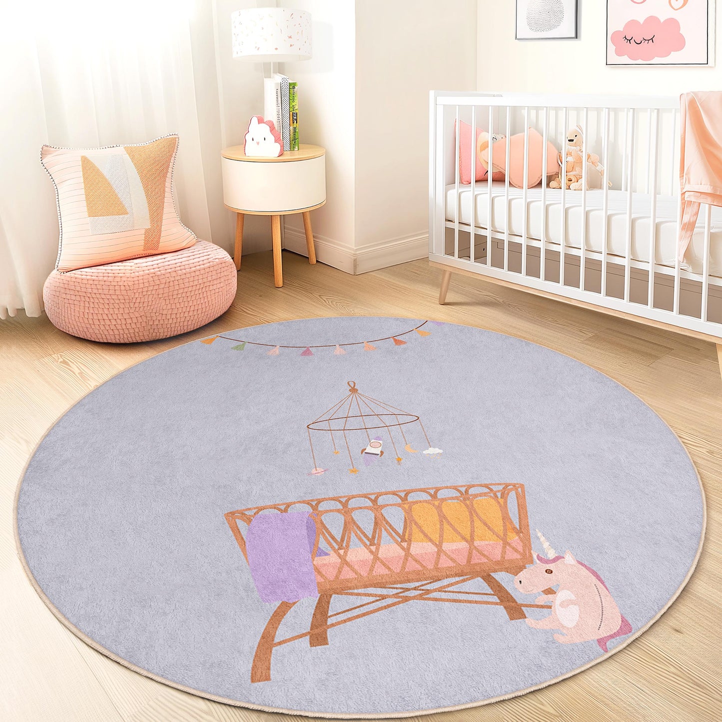 Whimsical Unicorn Round Kids Play Rug, Cute Nursery Carpet, Soft Baby Room Mat, Round Playroom Decor, Playful Unicorn Theme