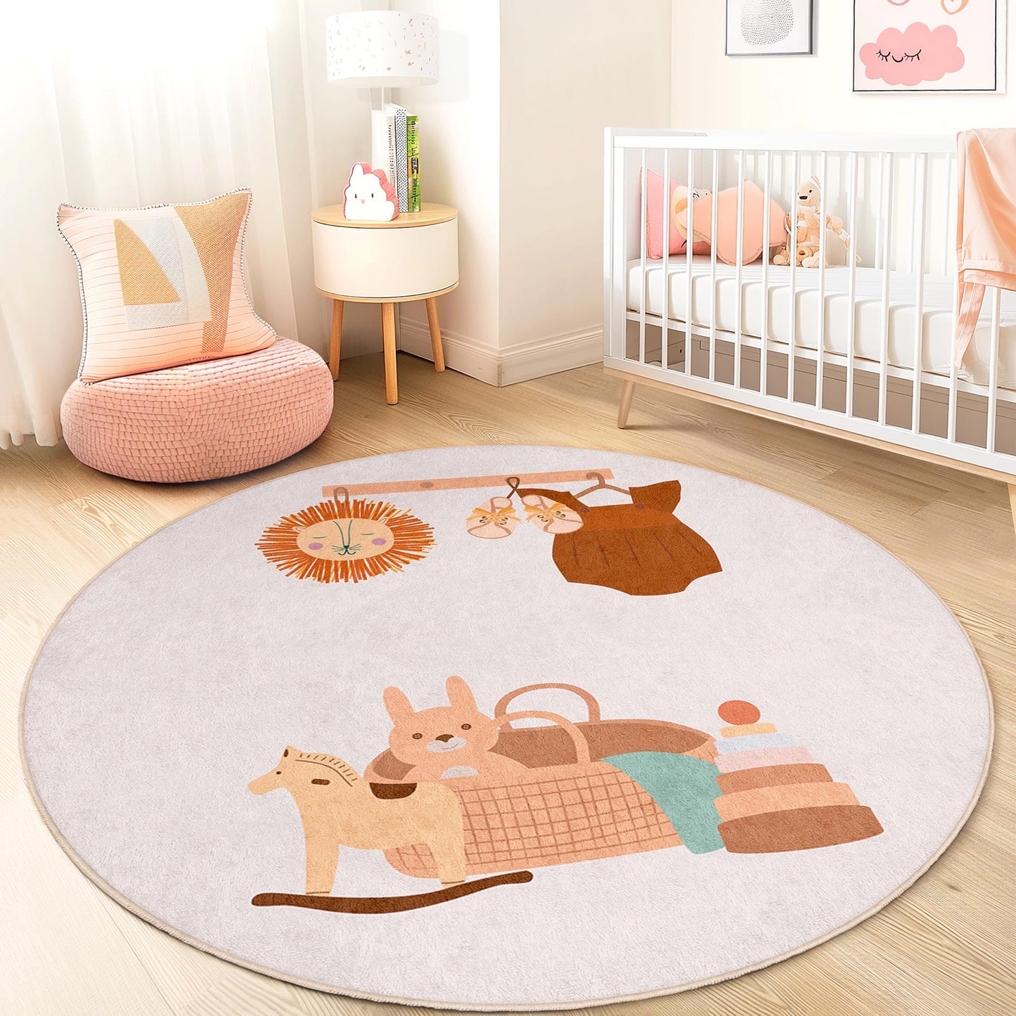 Cute Round Kids Play Rug, Animal Nursery Decor, Playroom Carpet, Soft Round Rug for Children, Baby Room Flooring, Kids Room Mat