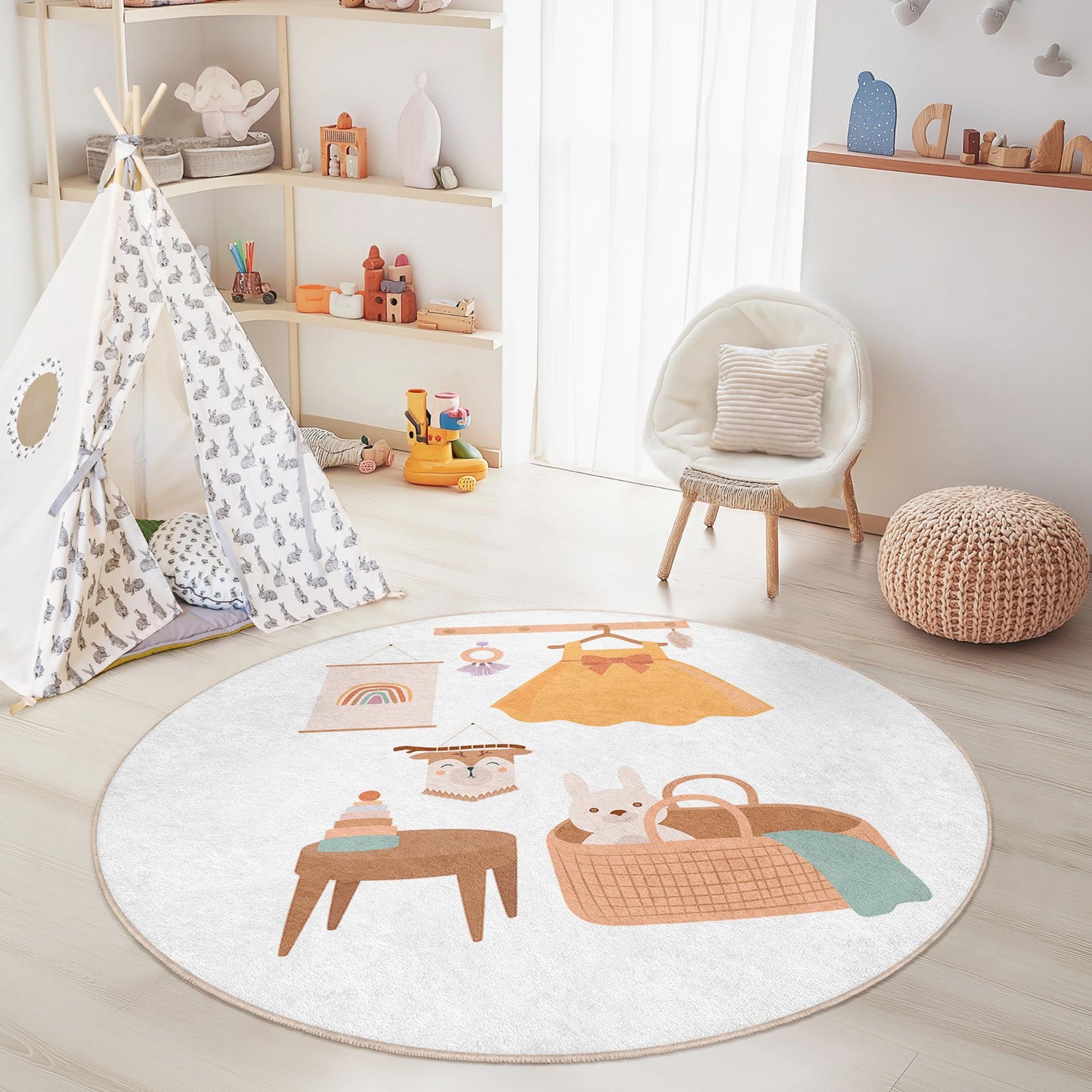 Whimsical Round Kids Room Rug, Cute Animal Decor Rug, Playful Nursery Area Rug, Children's Room Carpet, Soft Play Mat