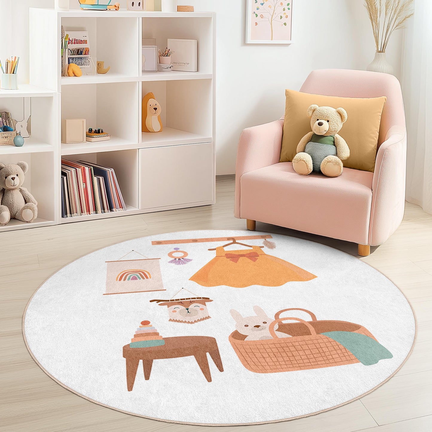 Whimsical Round Kids Room Rug, Cute Animal Decor Rug, Playful Nursery Area Rug, Children's Room Carpet, Soft Play Mat