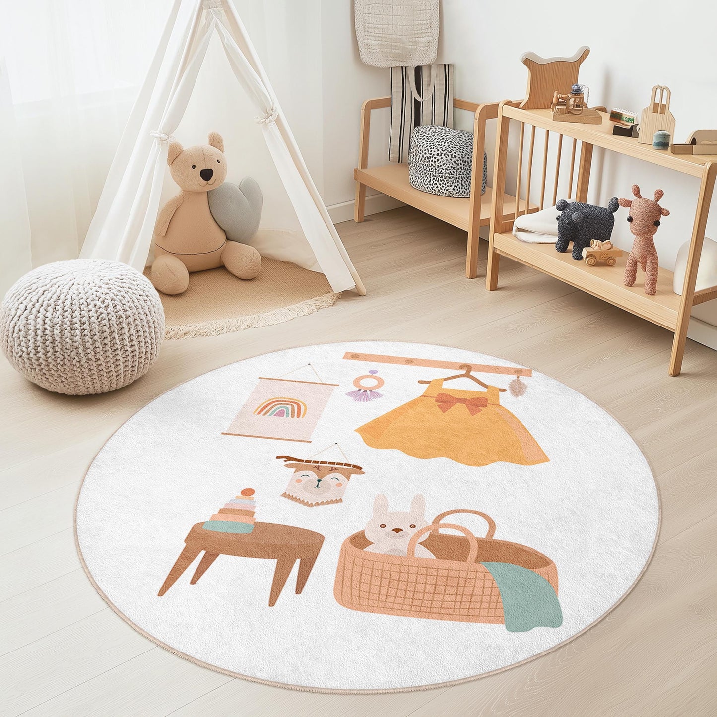Whimsical Round Kids Room Rug, Cute Animal Decor Rug, Playful Nursery Area Rug, Children's Room Carpet, Soft Play Mat