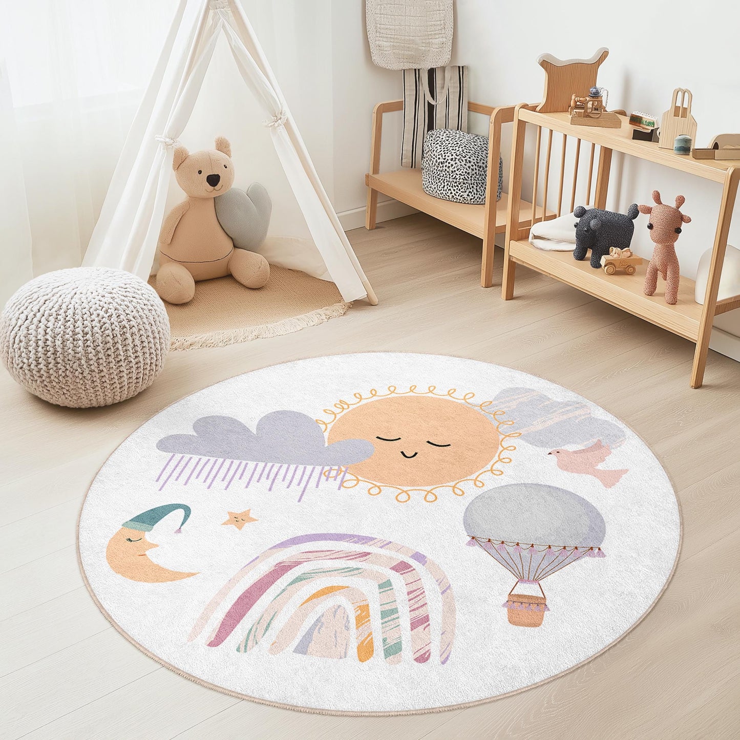 Sunny Day Round Kids Play Rug, Sky Theme Rug for Nursery, Cute Rainbow and Balloon Design, Cozy Play Mat for Children's Room