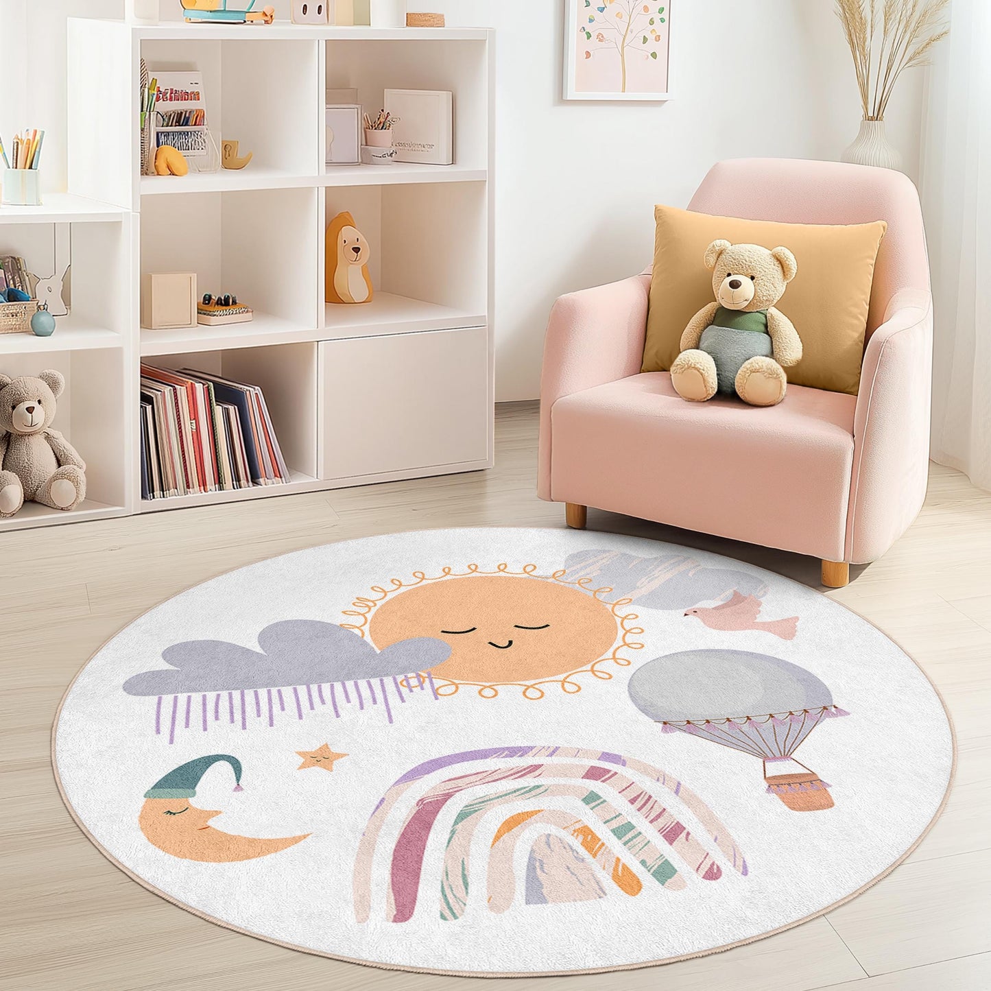 Sunny Day Round Kids Play Rug, Sky Theme Rug for Nursery, Cute Rainbow and Balloon Design, Cozy Play Mat for Children's Room