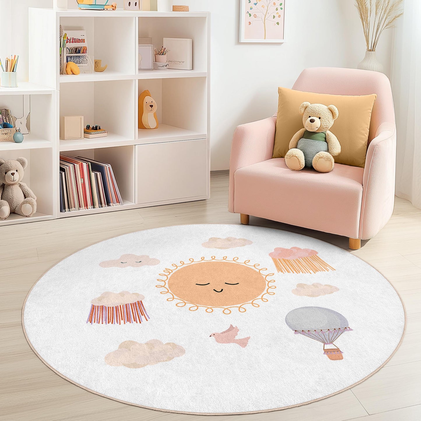 Sunny Sky Round Kids Rug, Cute Clouds and Hot Air Balloon Design, Playroom Decor, Nursery Carpet, Children's Room Rug