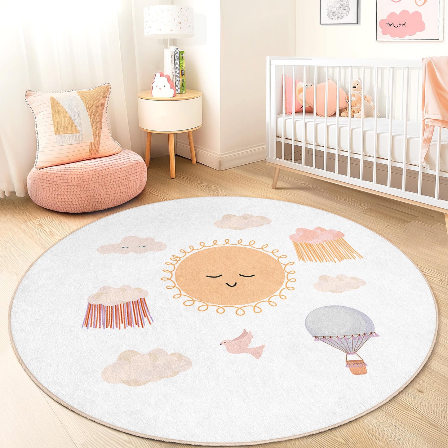 Sunny Sky Round Kids Rug, Cute Clouds and Hot Air Balloon Design, Playroom Decor, Nursery Carpet, Children's Room Rug