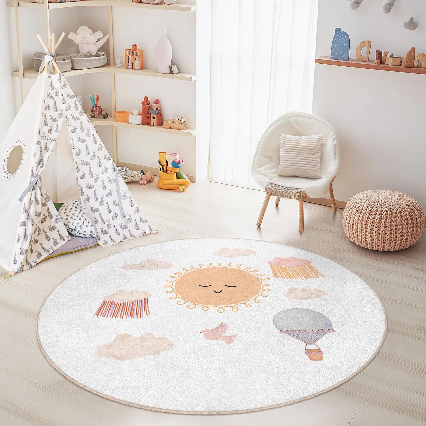 Sunny Sky Round Kids Rug, Cute Clouds and Hot Air Balloon Design, Playroom Decor, Nursery Carpet, Children's Room Rug