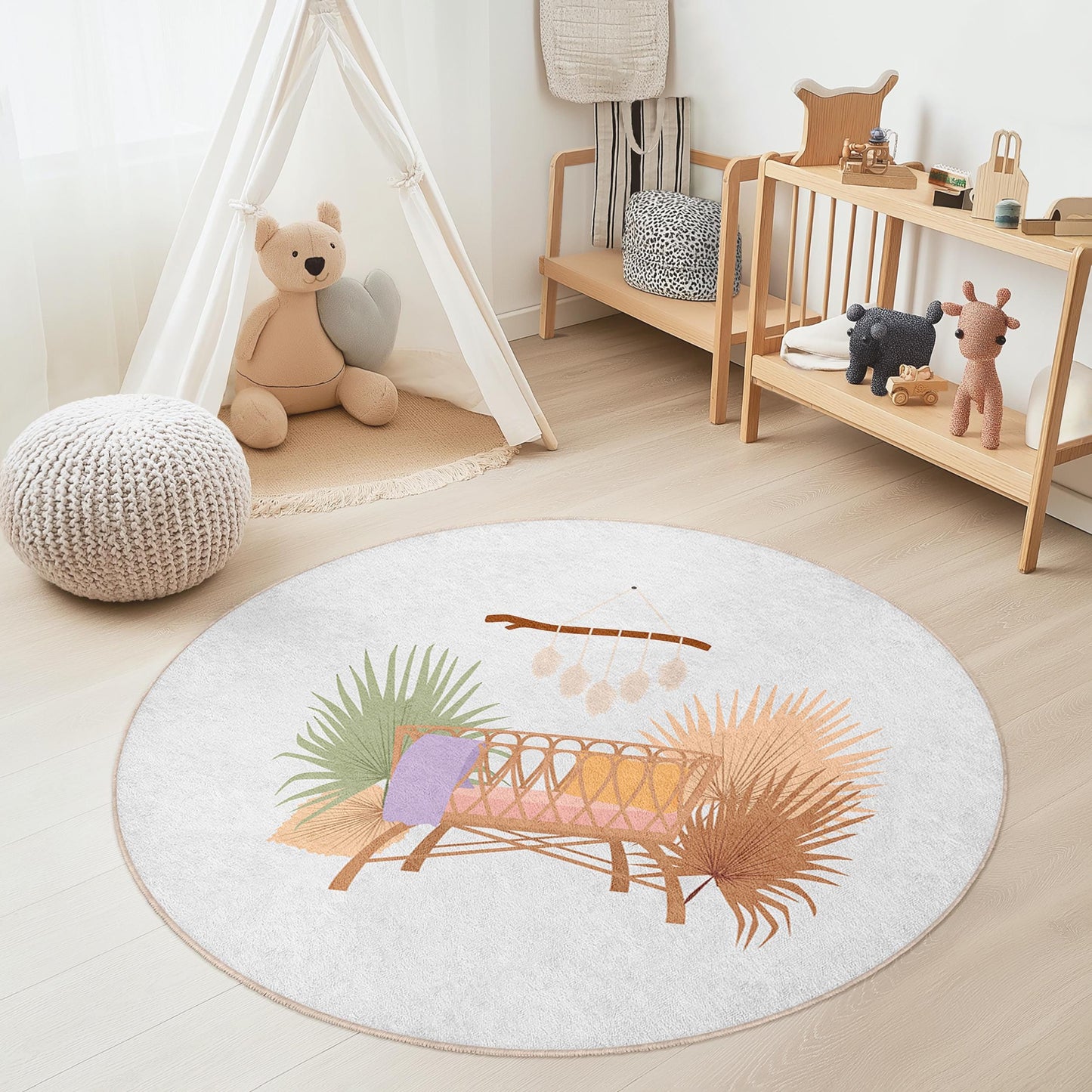 Round Nursery Rug with Tropical Plants, Soft Kids Play Mat, Baby Room Decor, Eco-Friendly Round Rug, Cozy Nursery Carpet