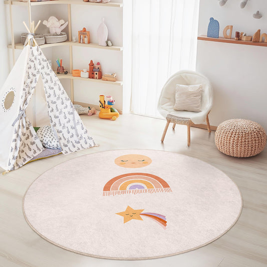 Cute Rainbow and Star Round Kids Rug, Soft Playroom Carpet, Nursery Decor, Children's Room Rug, Colorful Floor Mat
