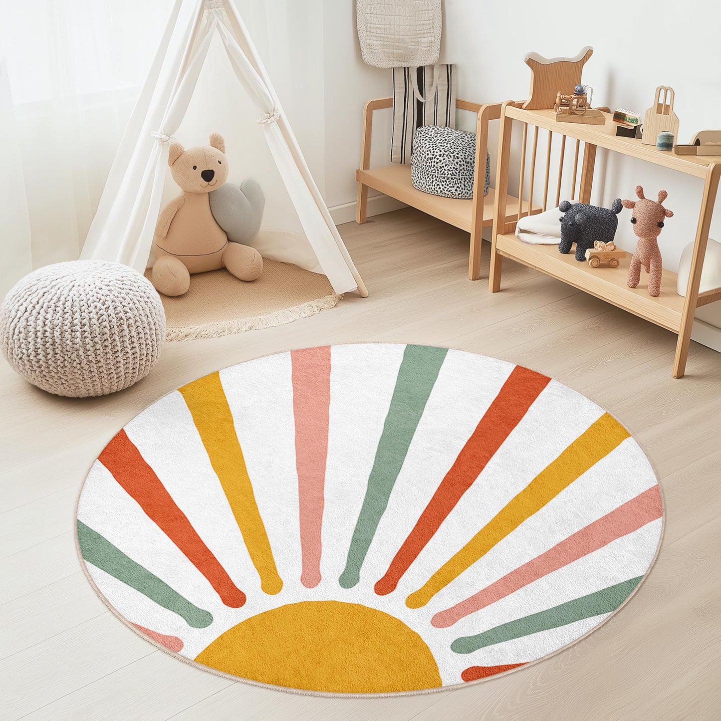 Radiant Sunburst Round Kids Rug, Colorful Playroom Carpet, Nursery Decor, Soft Round Area Rug, Bright Children's Room Rug
