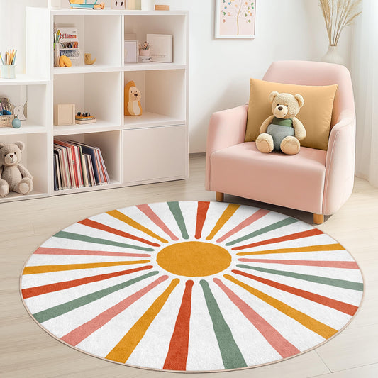 Colorful Sunburst Round Area Rug, Kids Room Decor, Playroom Carpet, Soft Round Rug, Nursery Decor, Vibrant Play Mat