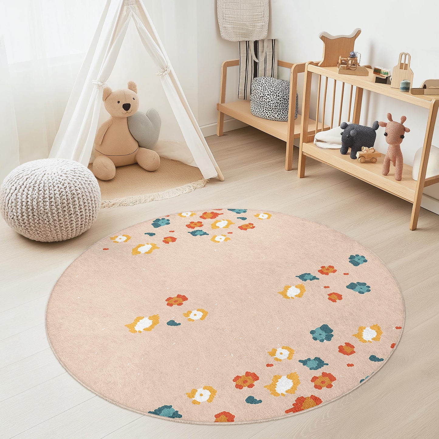Floral Pattern Round Area Rug, Kids Room Decor, Soft Round Carpet, Playroom Rug, Nursery Area Rug, Kids Play Mat