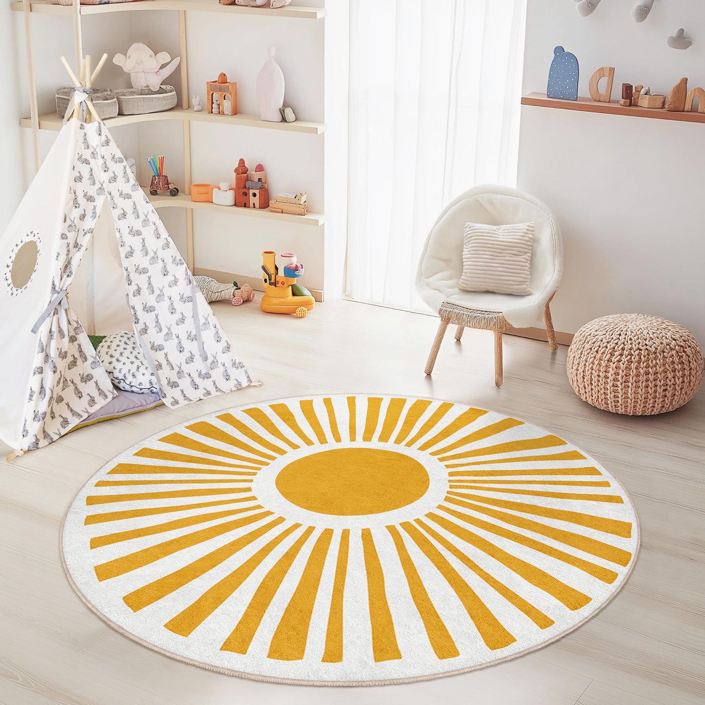Sunburst Round Kids Play Rug, Yellow Sun Circle Rug, Circle Play Mat for Kids Room, Bright Nursery Decor, Fun Kids Area Rug
