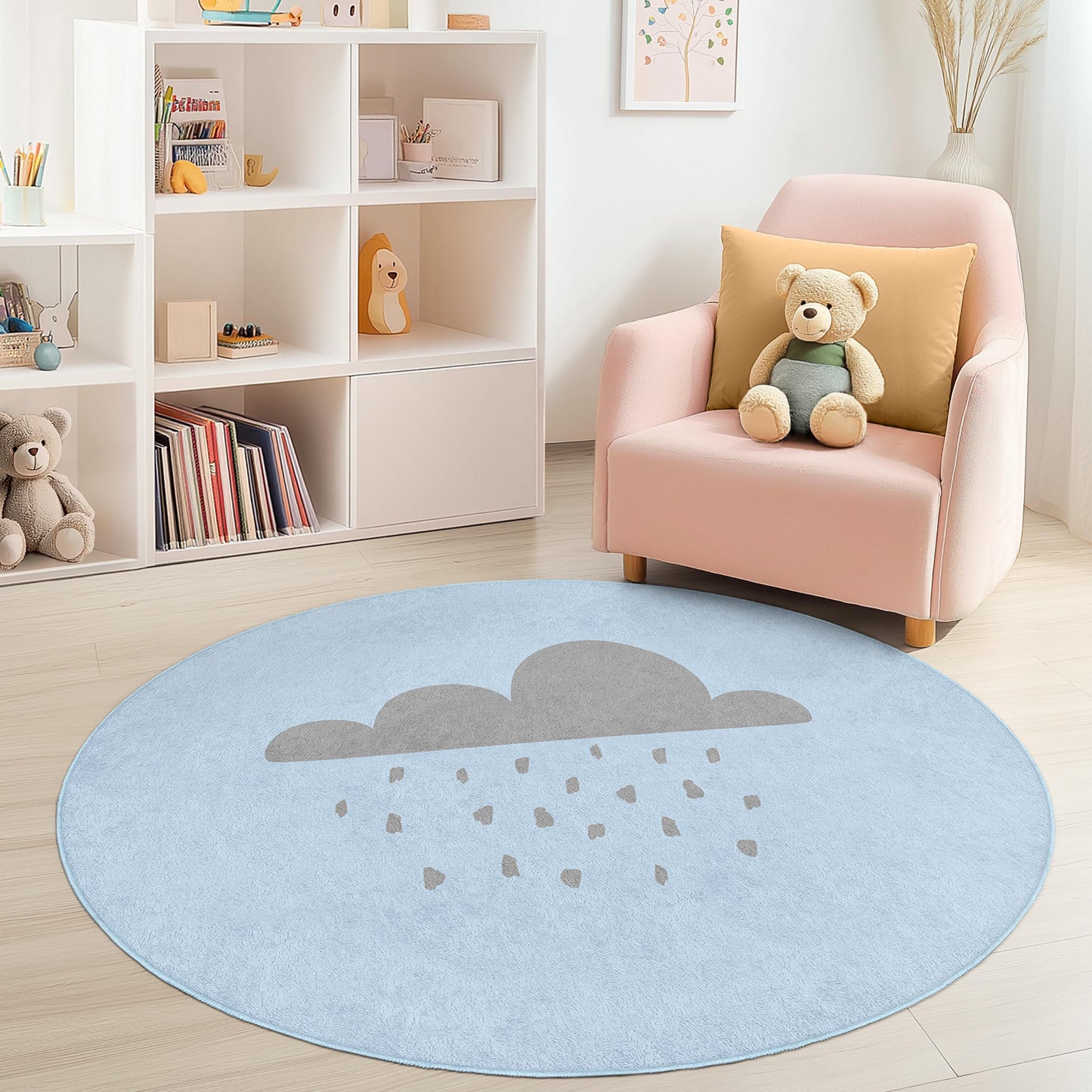 Cloudy Day Round Kids Rug, Cute Rain Cloud Play Mat, Nursery Decor, Soft Round Rug for Kids Room, Playroom Carpet