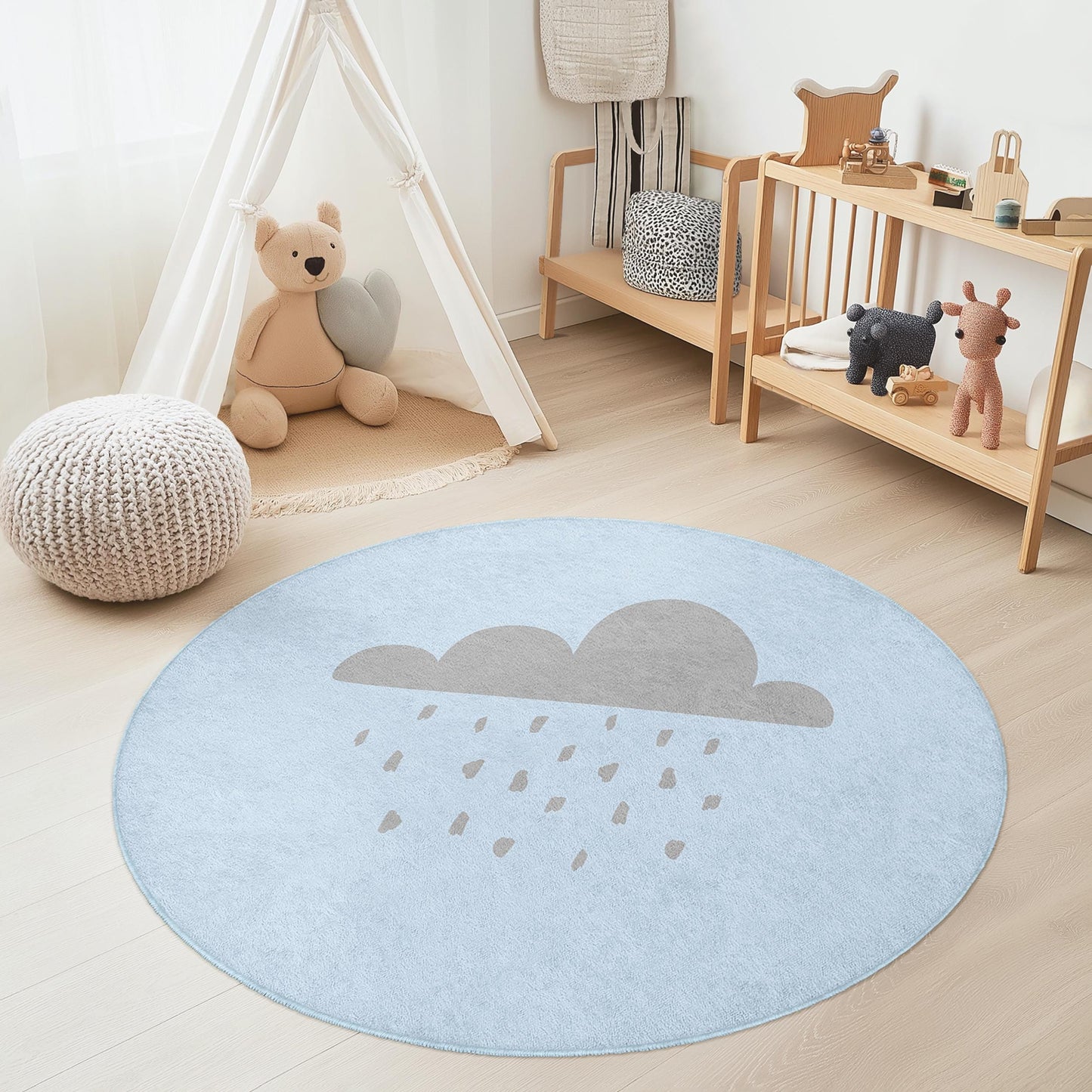 Cloudy Day Round Kids Rug, Cute Rain Cloud Play Mat, Nursery Decor, Soft Round Rug for Kids Room, Playroom Carpet