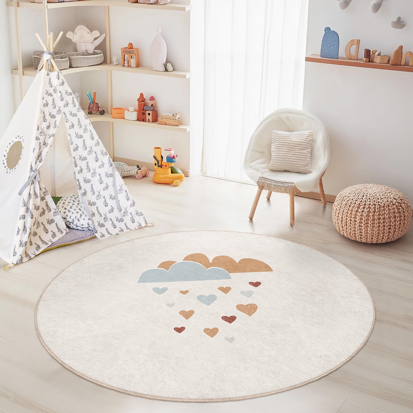 Cute Cloud and Heart Pattern Round Kids Rug, Playroom Decor, Soft Nursery Mat, Baby Room Carpet, Adorable Childrens Rug