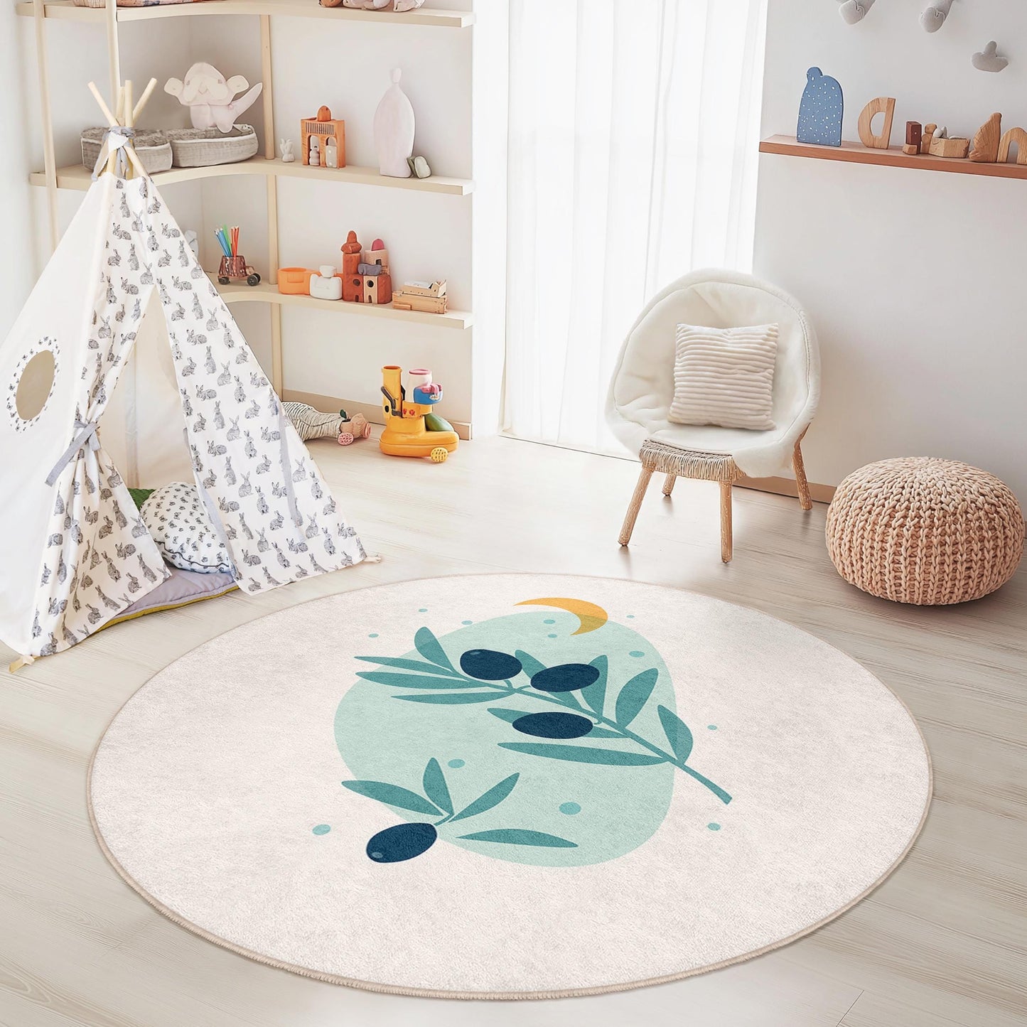 Olive Branch Round Kids Rug, Nature Themed Nursery Carpet, Soft Play Mat for Kids Room, Round Decorative Area Rug