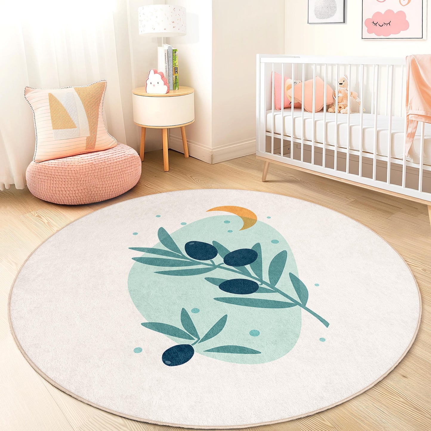Olive Branch Round Kids Rug, Nature Themed Nursery Carpet, Soft Play Mat for Kids Room, Round Decorative Area Rug