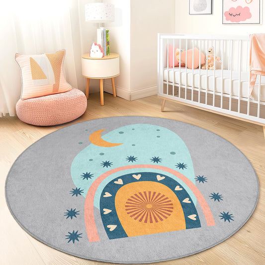 Cheerful Rainbow Round Kids Rug, Colorful Play Mat for Nursery, Round Carpet for Kids Room, Soft Circle Rug, Playroom Decor
