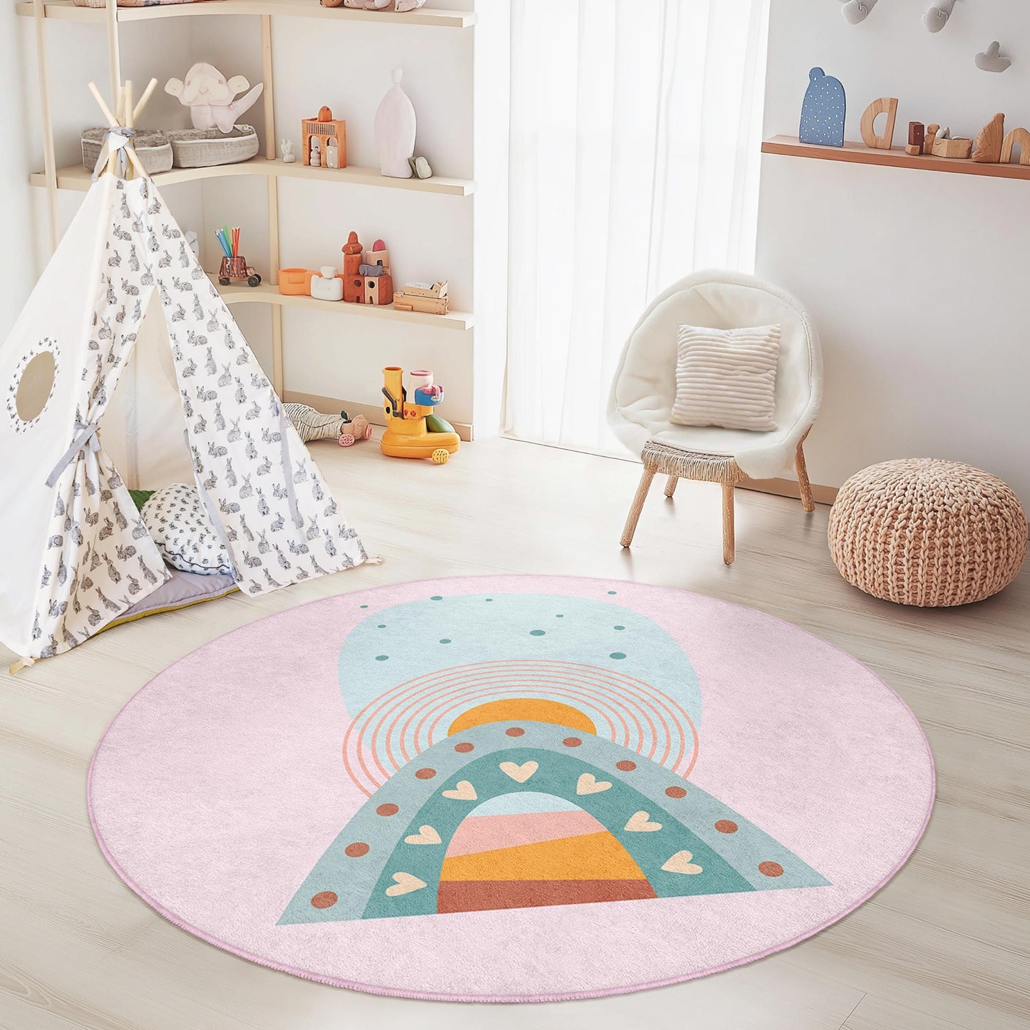 Rainbow Heart Circle Kids Rug, Colorful Round Play Mat, Cute Nursery Decor, Kids Room Carpet, Soft Playroom Rug